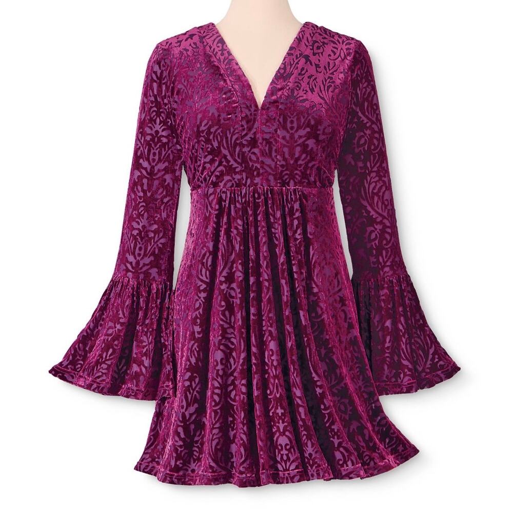 The Pyramid Collection Velvet Burnout Boho Babydoll Dress Purple Pink L - Picture 10 of 11